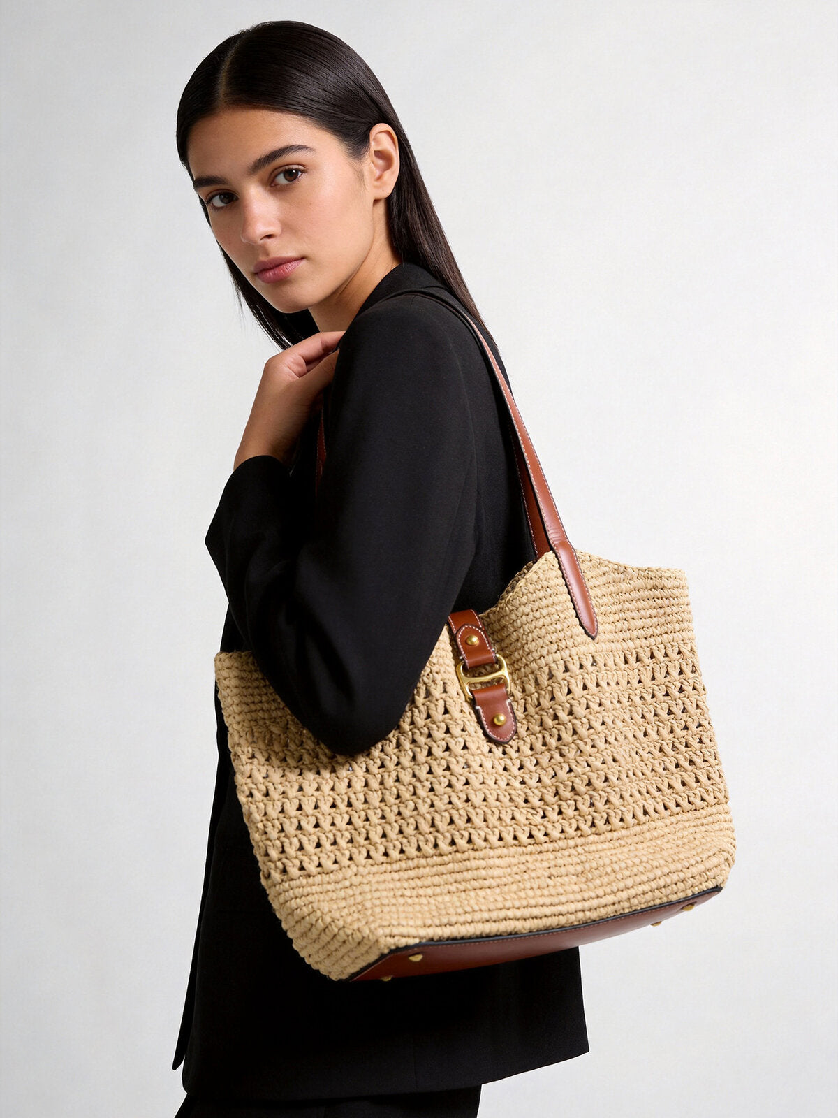 Handwoven Raffia Crochet Tote Bag – Leather Trim Buckle Detail with Detachable Zipper Pouch