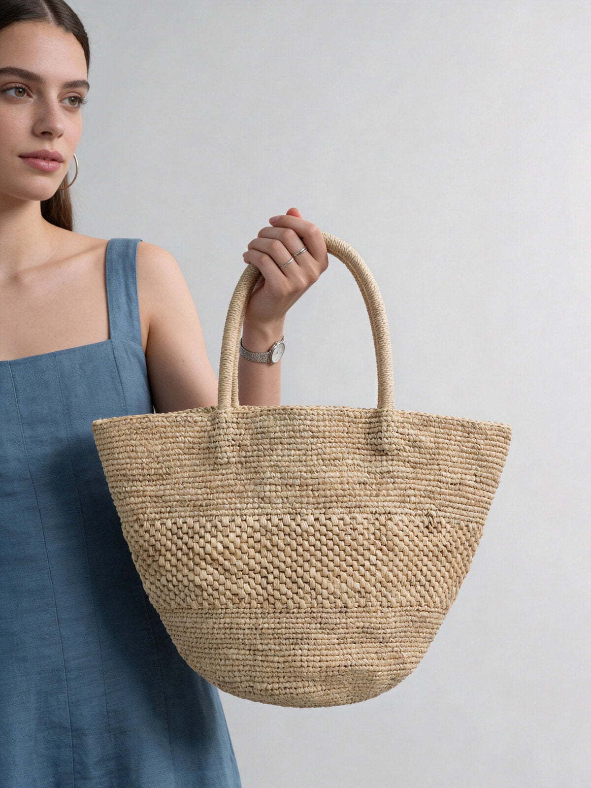 Handwoven Raffia Half-Moon Basket Tote Bag – Large Capacity Beach Market Carryall