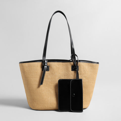 Handwoven Raffia Tote Bag – Black Leather Trim with Knotted Straps & Detachable Snap Pouch