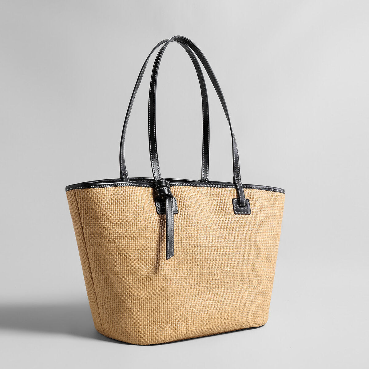 Handwoven Raffia Tote Bag – Black Leather Trim with Knotted Straps & Detachable Snap Pouch