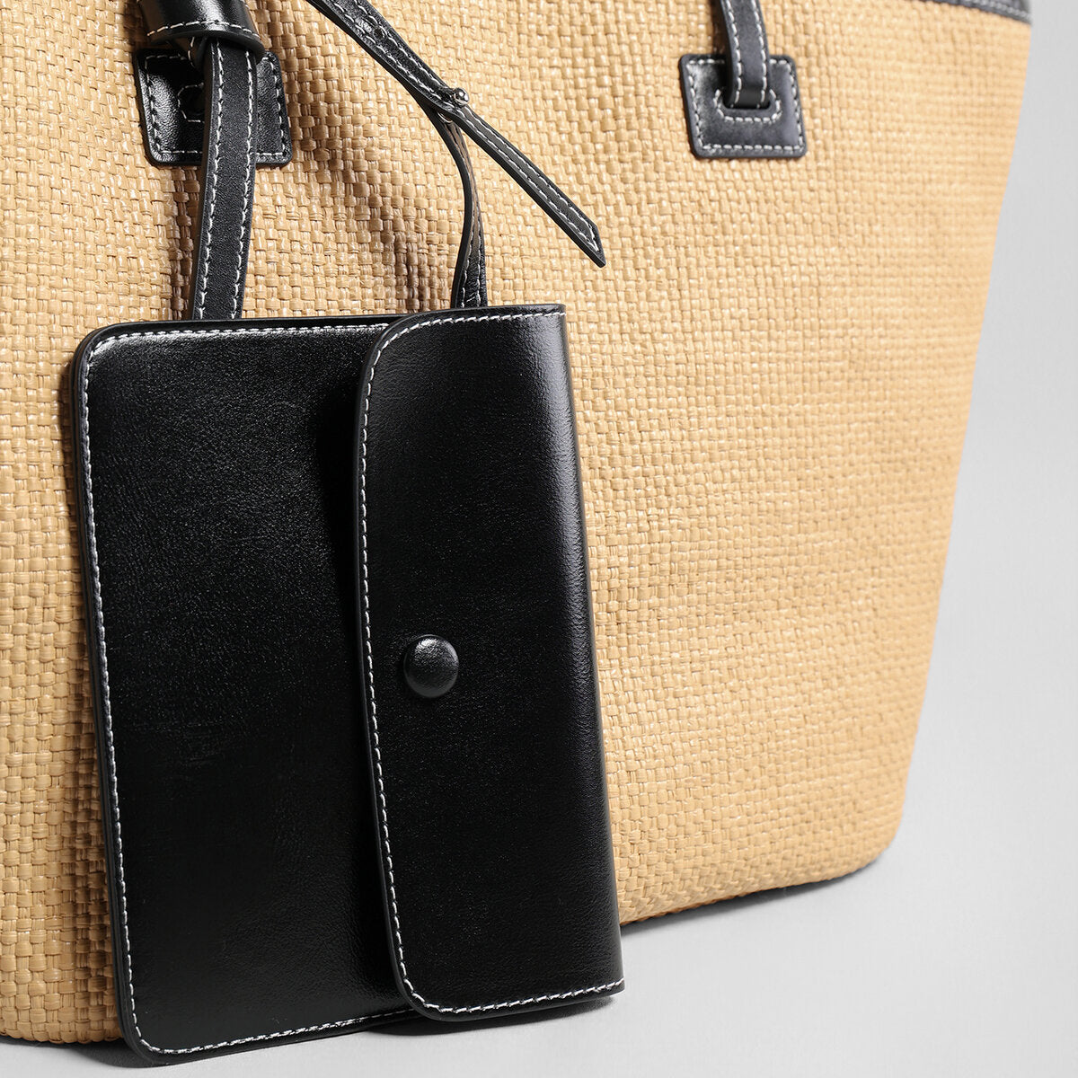 Handwoven Raffia Tote Bag – Black Leather Trim with Knotted Straps & Detachable Snap Pouch