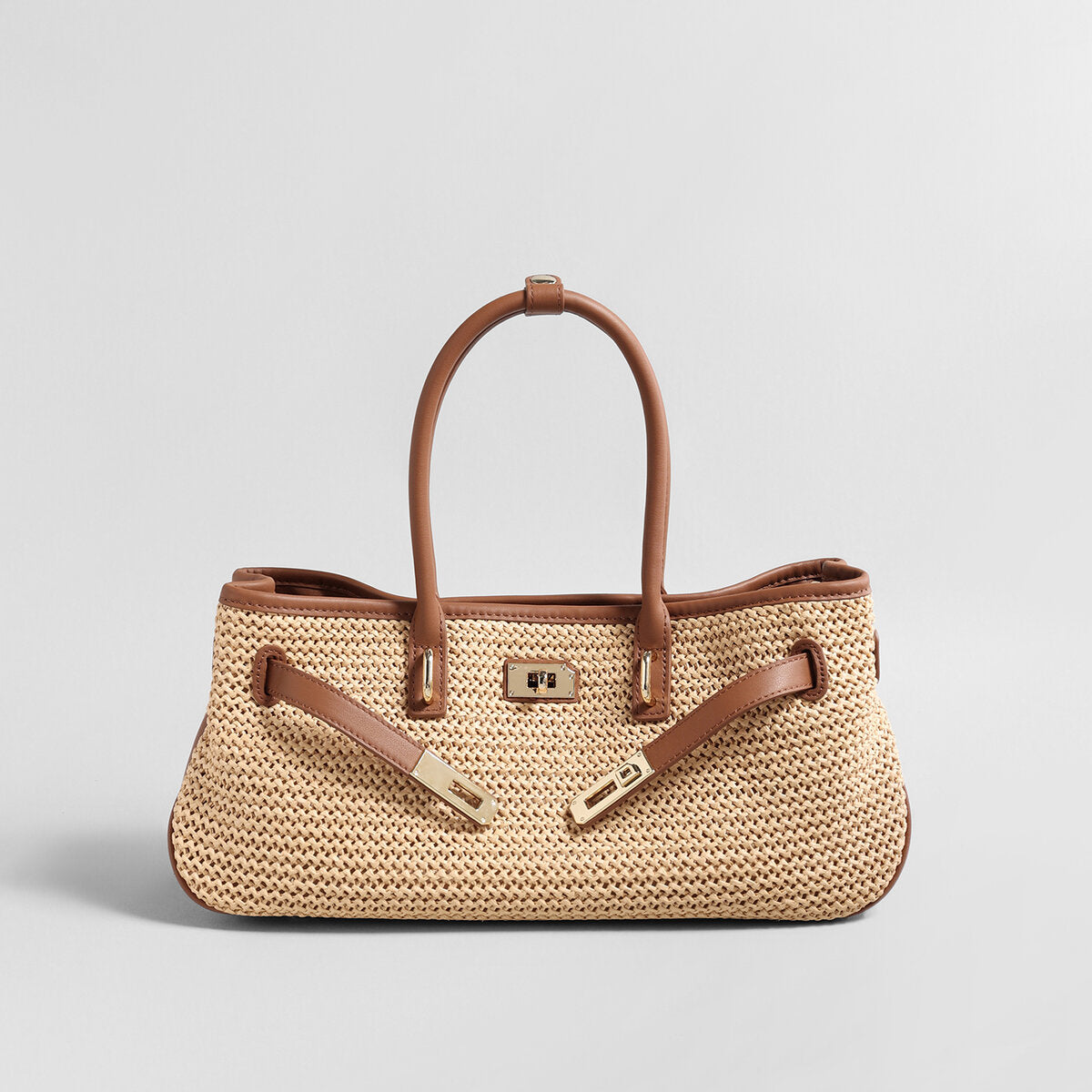 Handwoven Raffia Tote Bag – Leather Trim Turn-Lock Convertible Crossbody