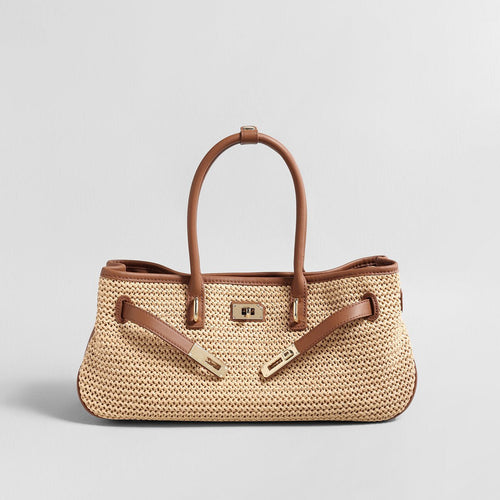 Handwoven Raffia Tote Bag – Leather Trim Turn-Lock Convertible Crossbody