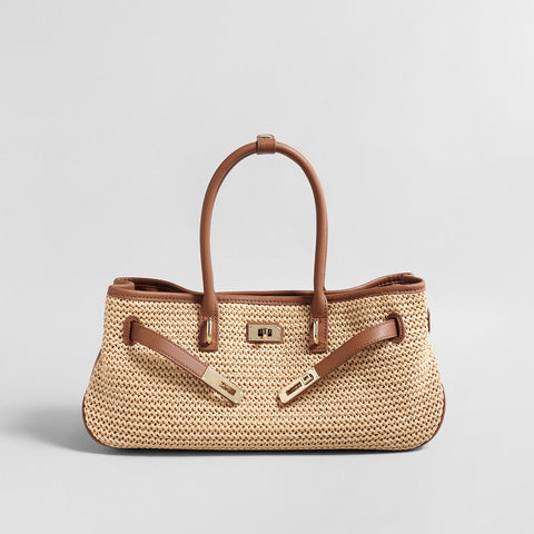 Handwoven Raffia Tote Bag – Leather Trim Turn-Lock Convertible Crossbody