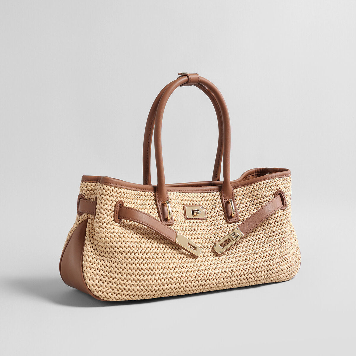 Handwoven Raffia Tote Bag – Leather Trim Turn-Lock Convertible Crossbody