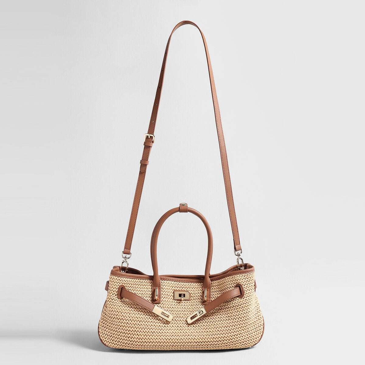 Handwoven Raffia Tote Bag – Leather Trim Turn-Lock Convertible Crossbody