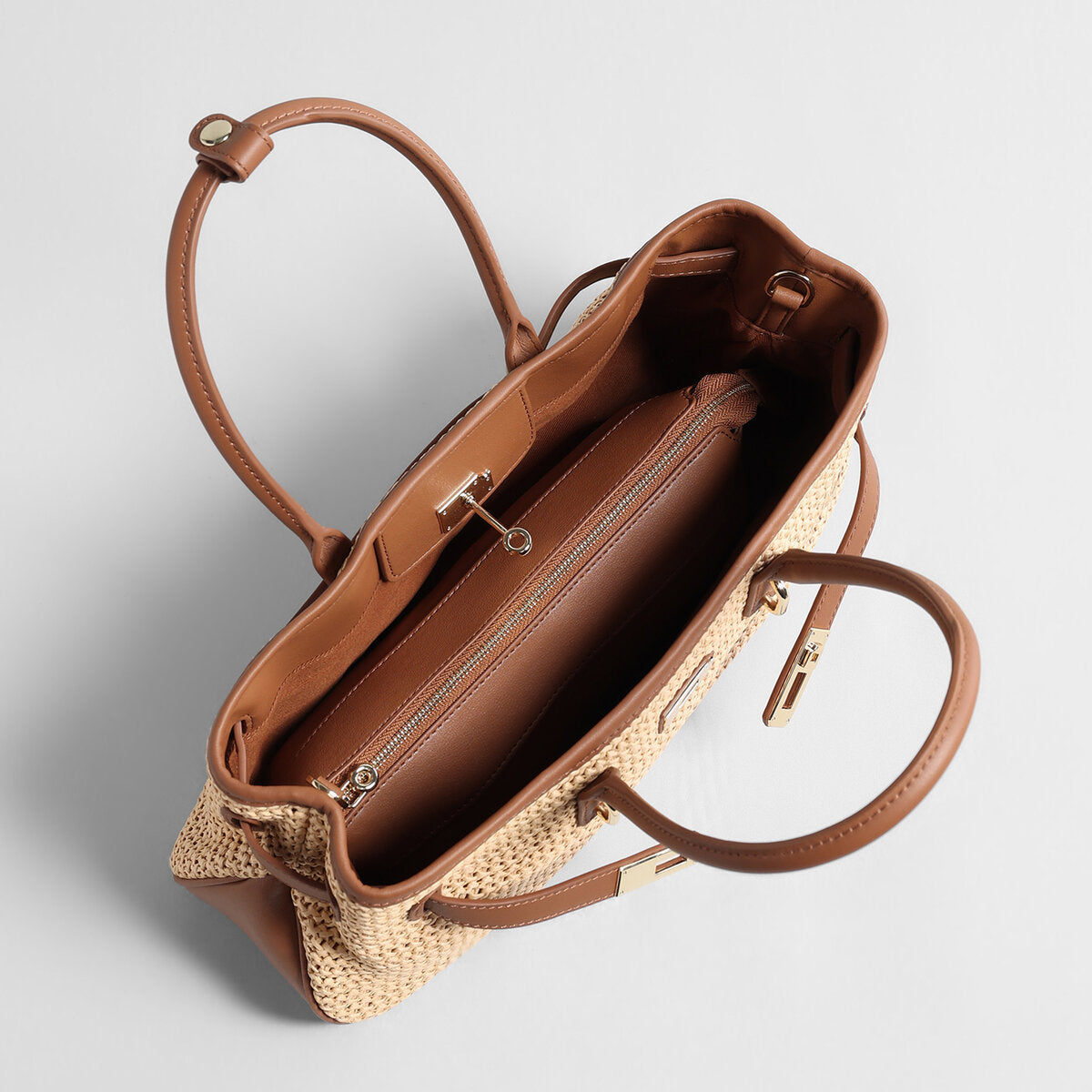 Handwoven Raffia Tote Bag – Leather Trim Turn-Lock Convertible Crossbody
