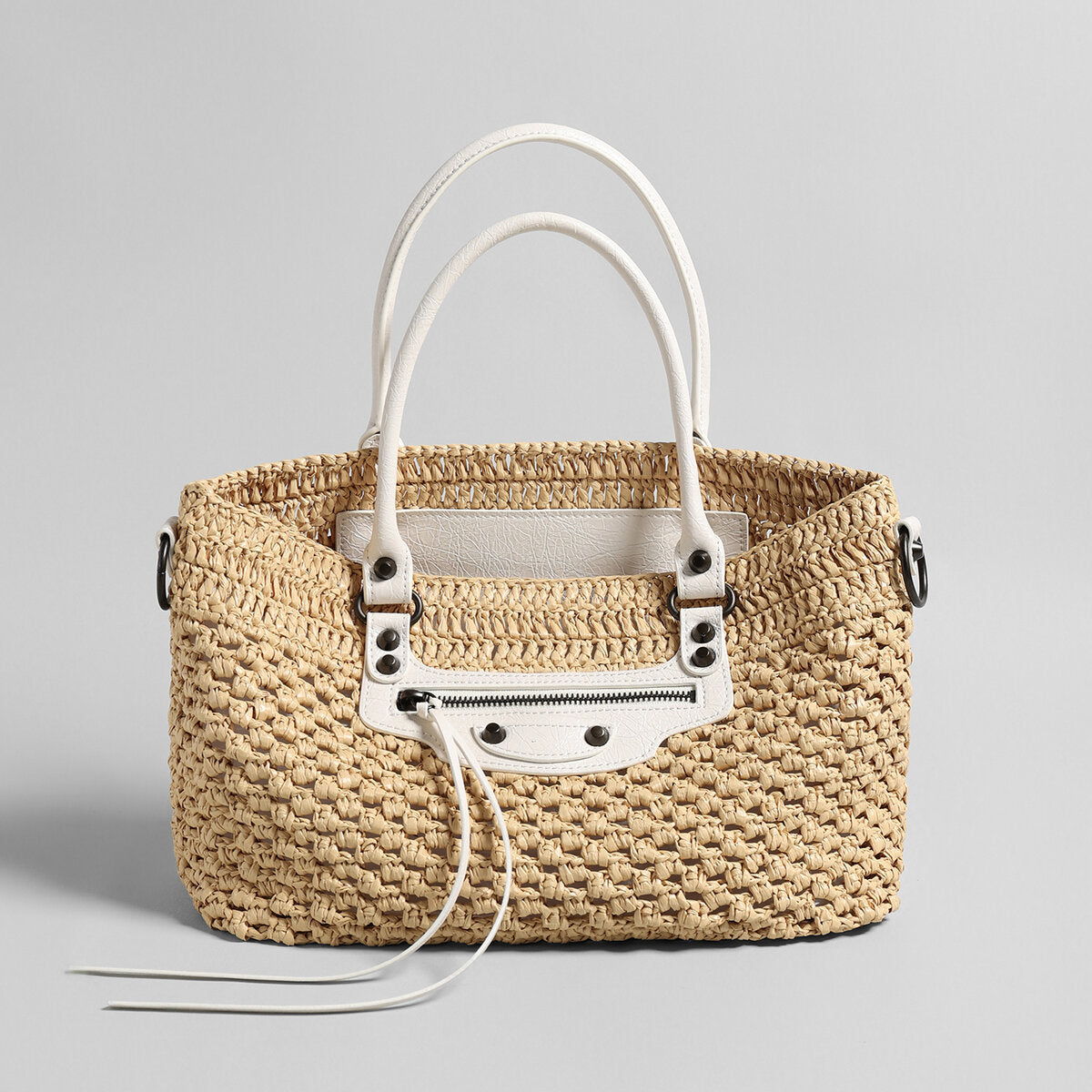 Handwoven Raffia Tote Bag – Studded Leather Trim Convertible Crossbody
