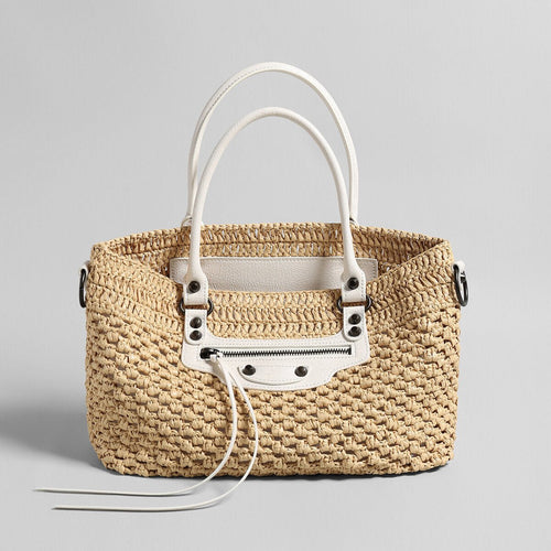 Handwoven Raffia Tote Bag – Studded Leather Trim Convertible Crossbody