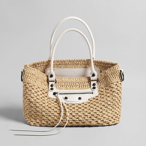 Handwoven Raffia Tote Bag – Studded Leather Trim Convertible Crossbody