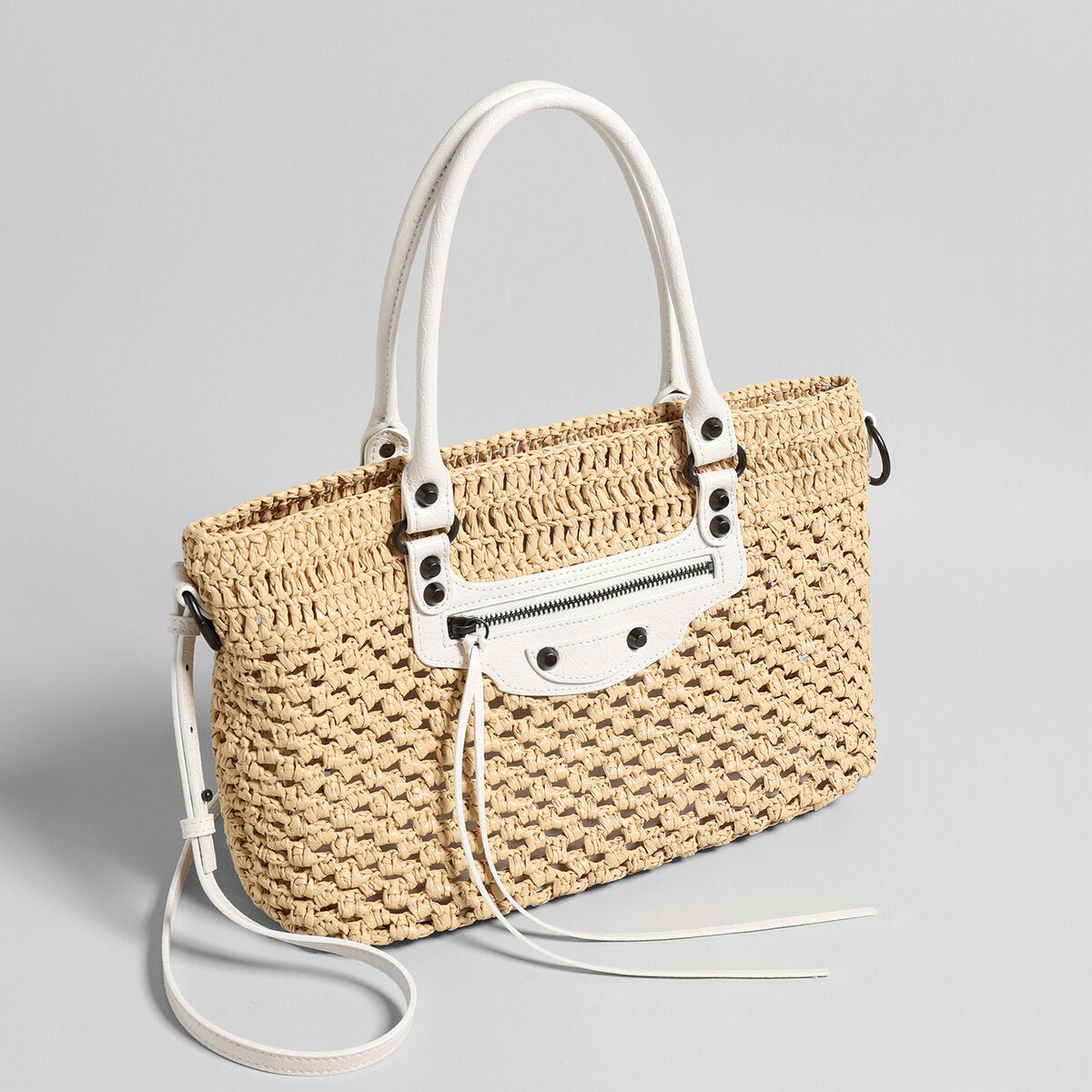 Handwoven Raffia Tote Bag – Studded Leather Trim Convertible Crossbody