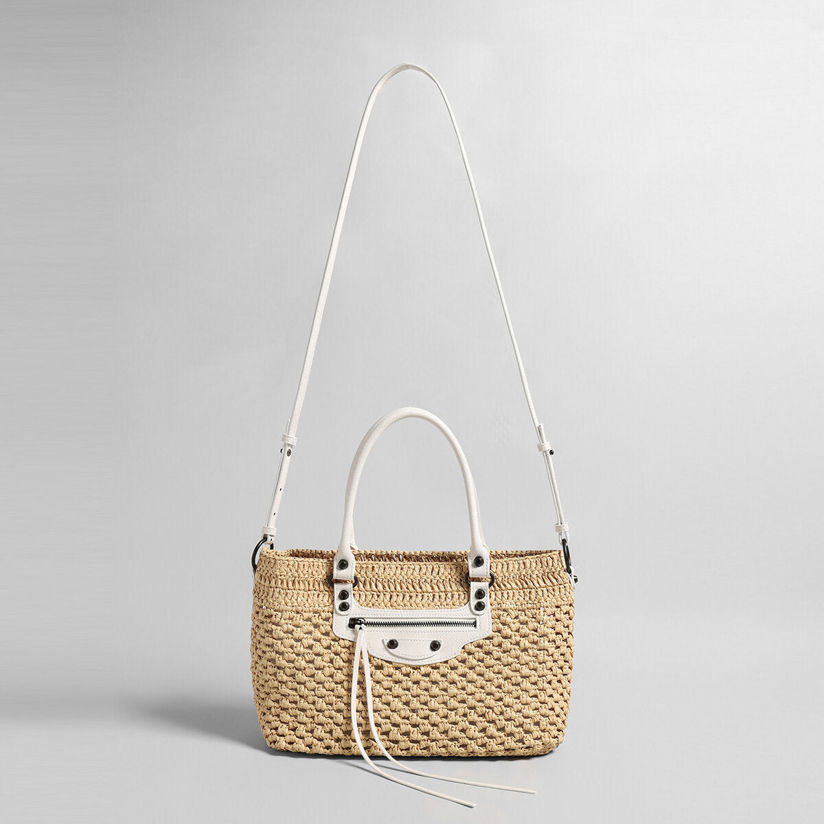 Handwoven Raffia Tote Bag – Studded Leather Trim Convertible Crossbody