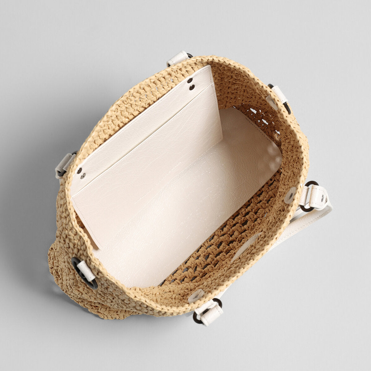 Handwoven Raffia Tote Bag – Studded Leather Trim Convertible Crossbody