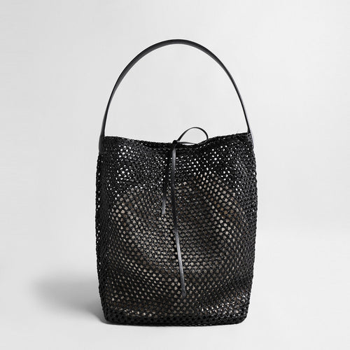 Handwoven Straw Bucket Tote – Summer Mesh Shoulder Bag with Leather Handle