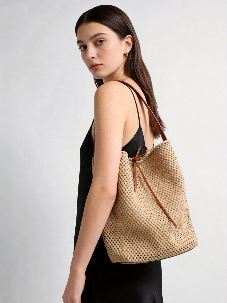 Handwoven Straw Bucket Tote – Summer Mesh Shoulder Bag with Leather Handle