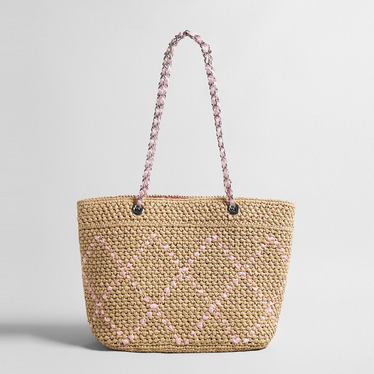 Handwoven Straw Chain Tote Bag – Diamond Pattern Summer Shoulder Bag with Organized Interior