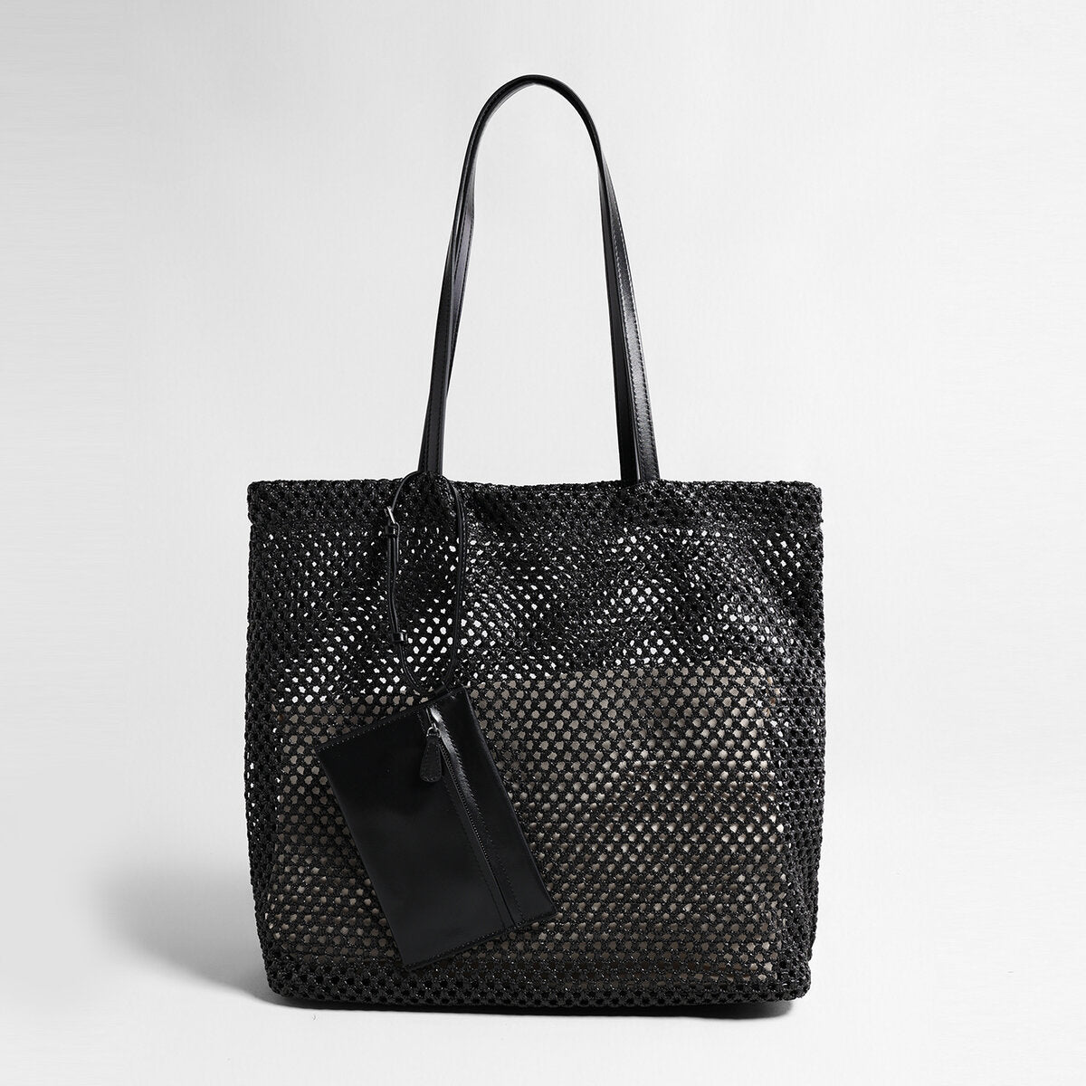 Handwoven Straw Mesh Market Tote – Large Capacity Beach Shoulder Bag with Leather Pouch