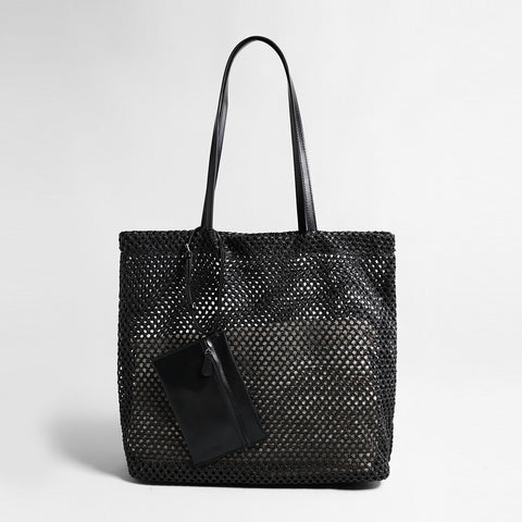 Handwoven Straw Mesh Market Tote – Large Capacity Beach Shoulder Bag with Leather Pouch