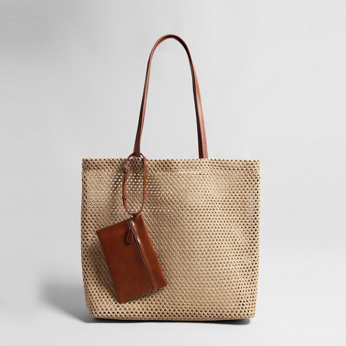 Handwoven Straw Mesh Market Tote – Large Capacity Beach Shoulder Bag with Leather Pouch