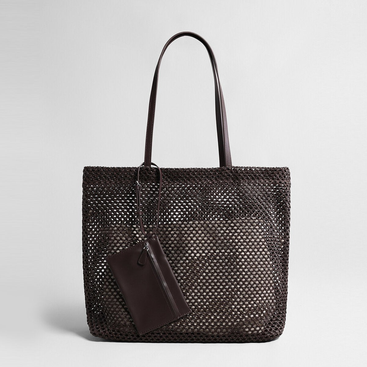 Handwoven Straw Mesh Market Tote – Large Capacity Beach Shoulder Bag with Leather Pouch