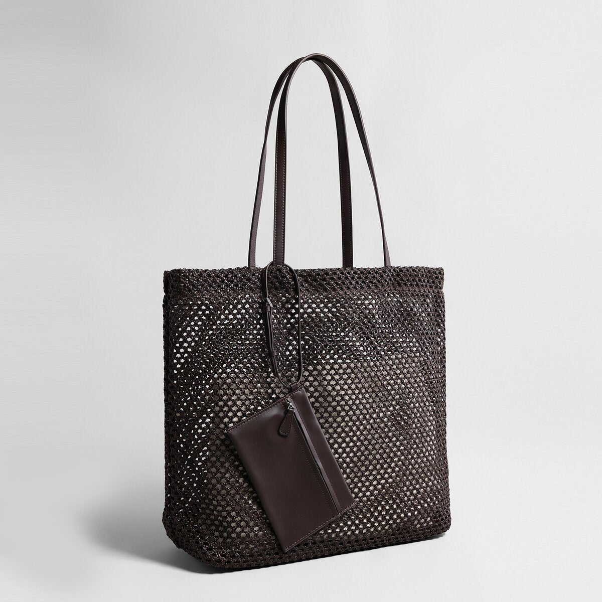 Handwoven Straw Mesh Market Tote – Large Capacity Beach Shoulder Bag with Leather Pouch