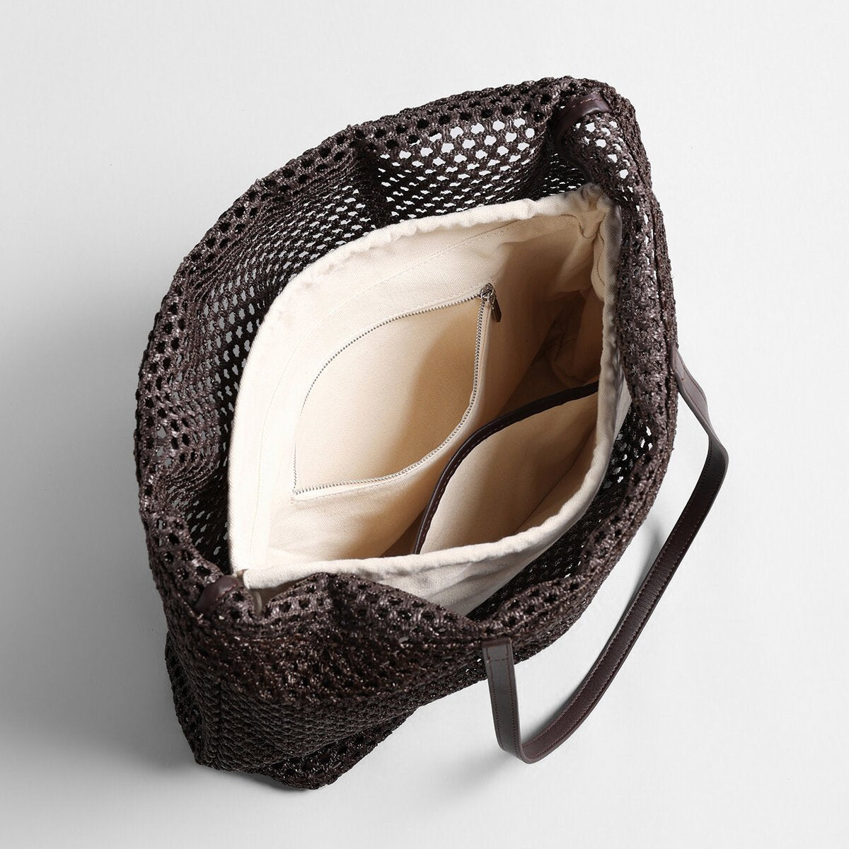 Handwoven Straw Mesh Market Tote – Large Capacity Beach Shoulder Bag with Leather Pouch