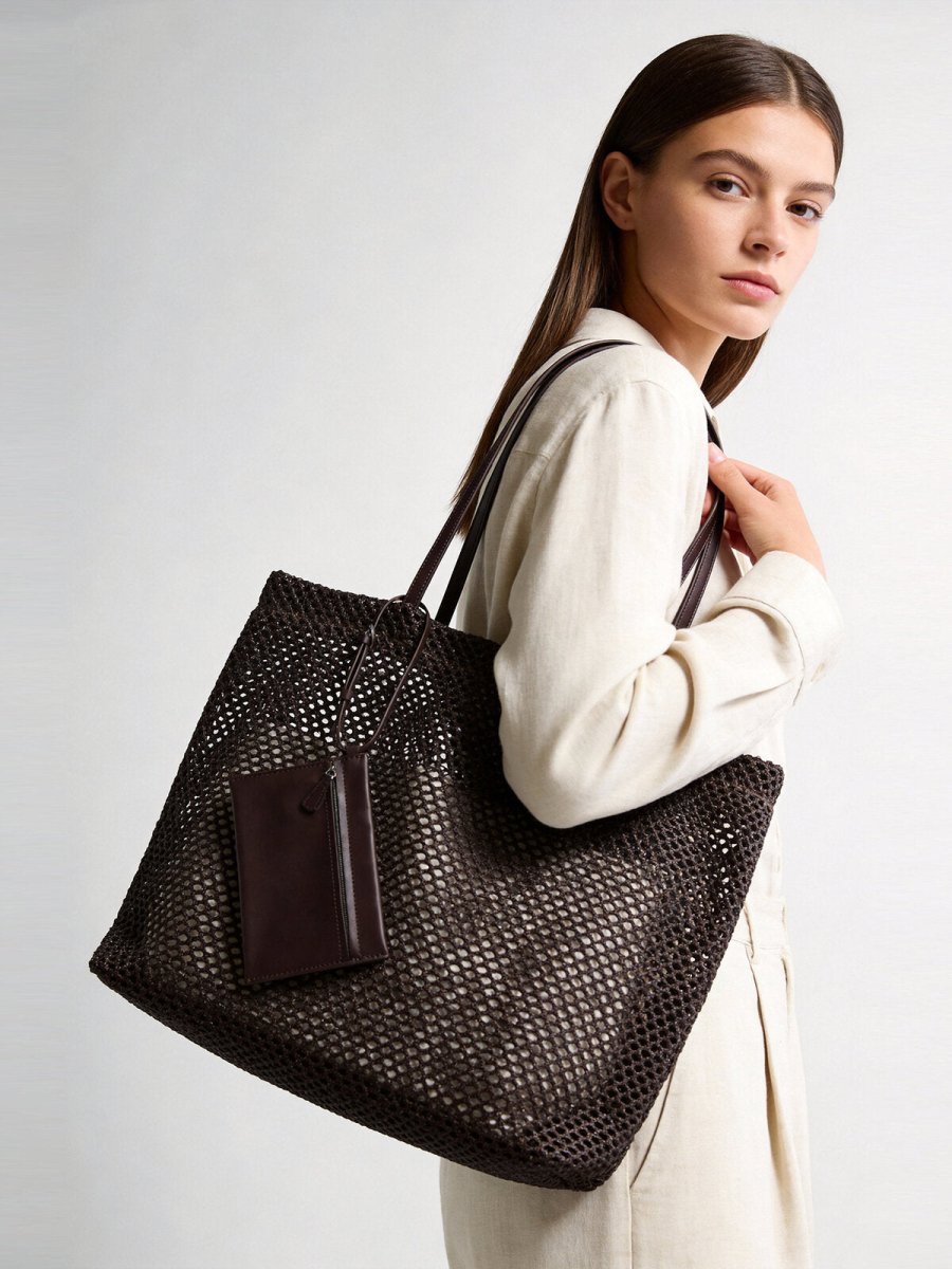 Handwoven Straw Mesh Market Tote – Large Capacity Beach Shoulder Bag with Leather Pouch