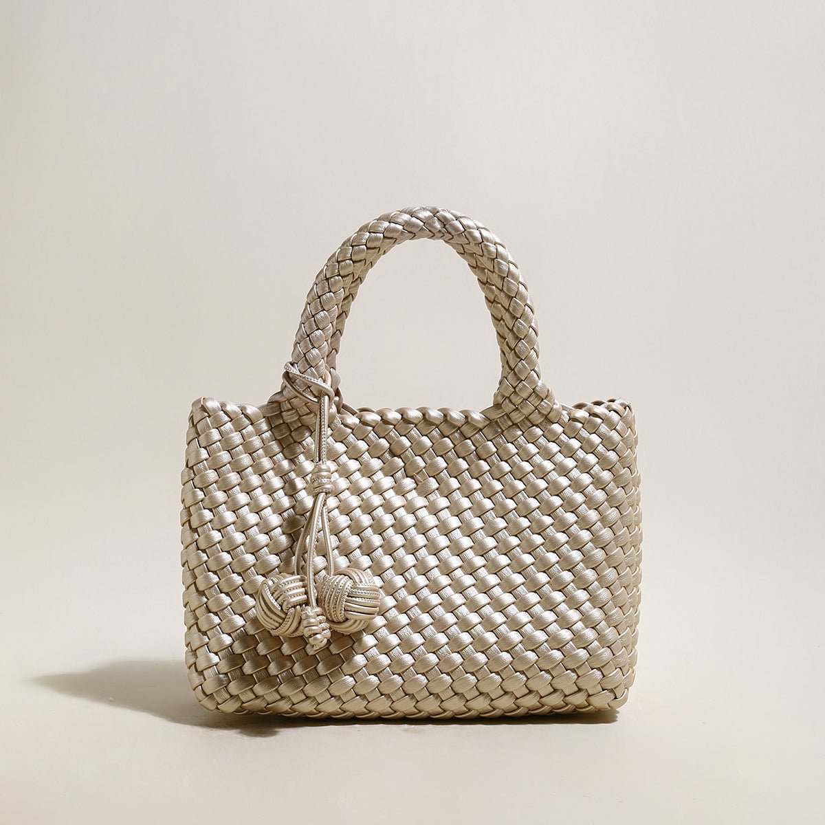 Happy Mini Woven Leather Top Handle Bag – Artisan Handwoven Structured Mini Tote with Knotted Charm