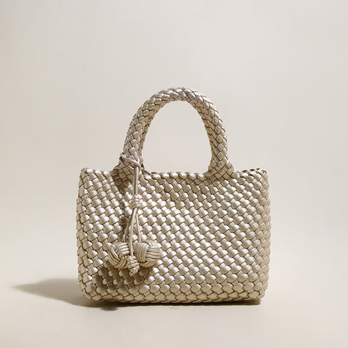 Happy Mini Woven Leather Top Handle Bag – Artisan Handwoven Structured Mini Tote with Knotted Charm
