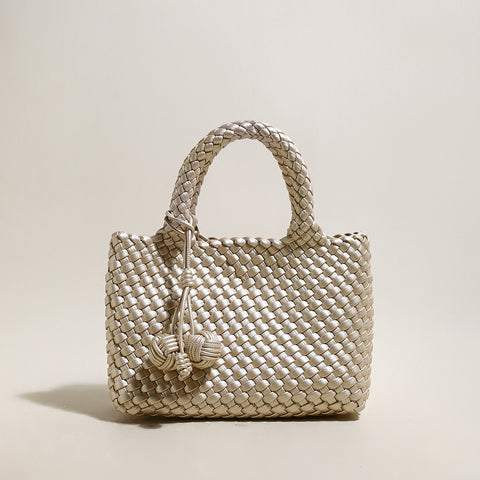 Happy Mini Woven Leather Top Handle Bag – Artisan Handwoven Structured Mini Tote with Knotted Charm