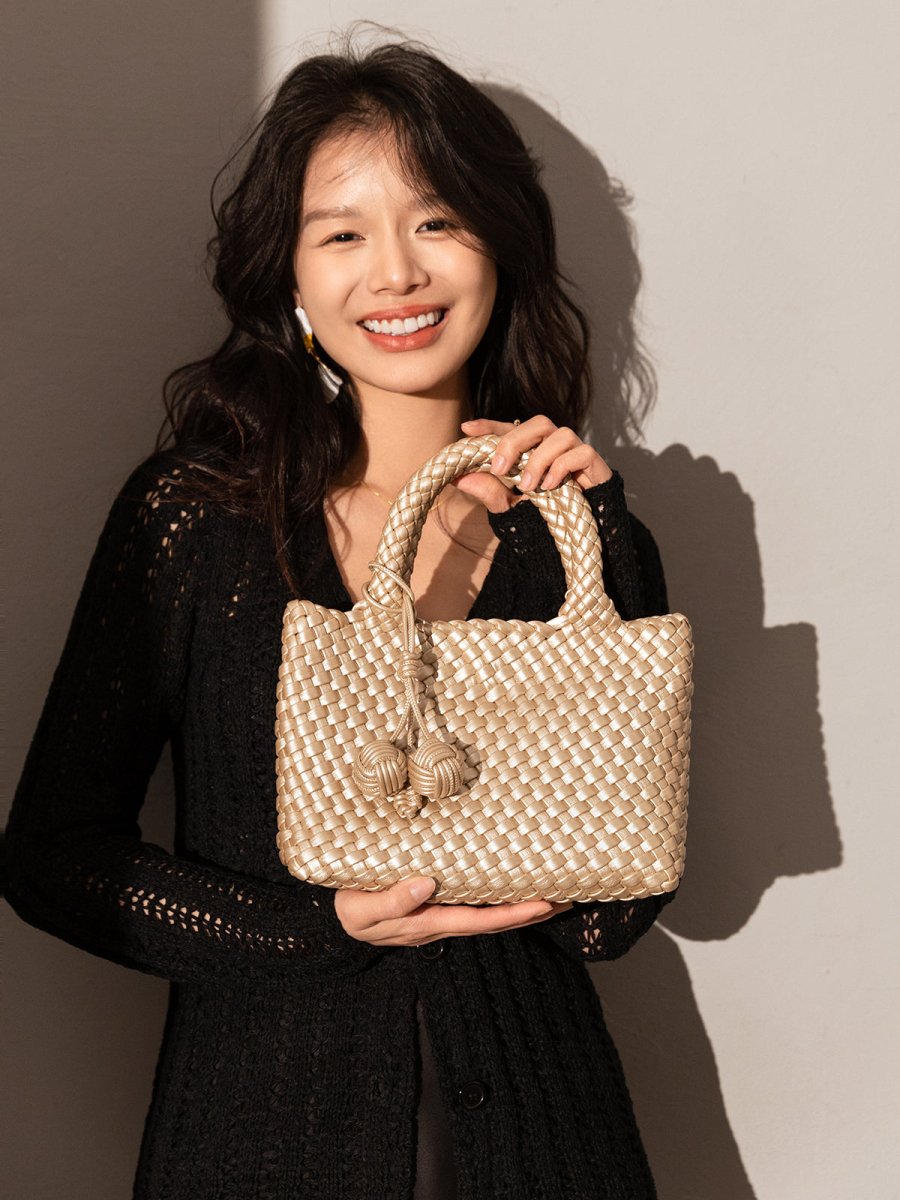 Happy Mini Woven Leather Top Handle Bag – Artisan Handwoven Structured Mini Tote with Knotted Charm