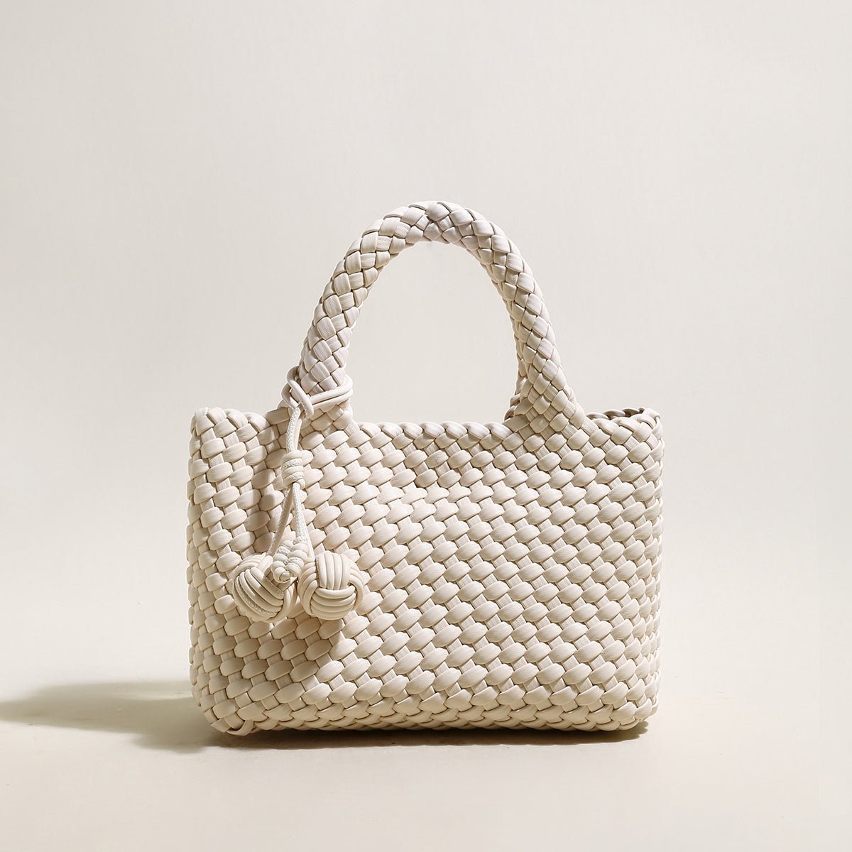 Happy Mini Woven Leather Top Handle Bag – Artisan Handwoven Structured Mini Tote with Knotted Charm
