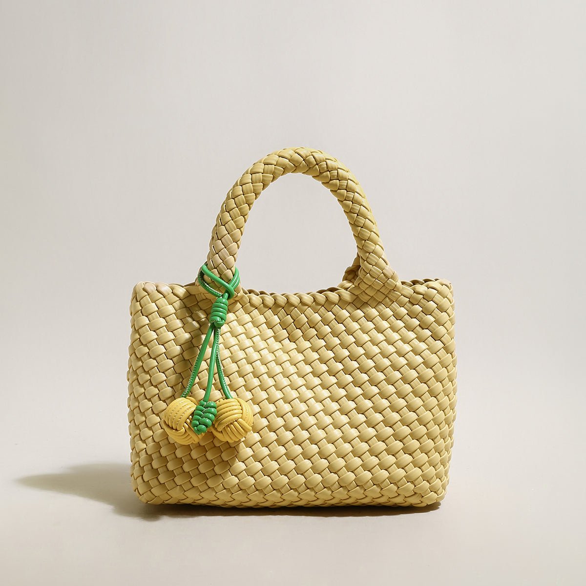 Happy Mini Woven Leather Top Handle Bag – Artisan Handwoven Structured Mini Tote with Knotted Charm