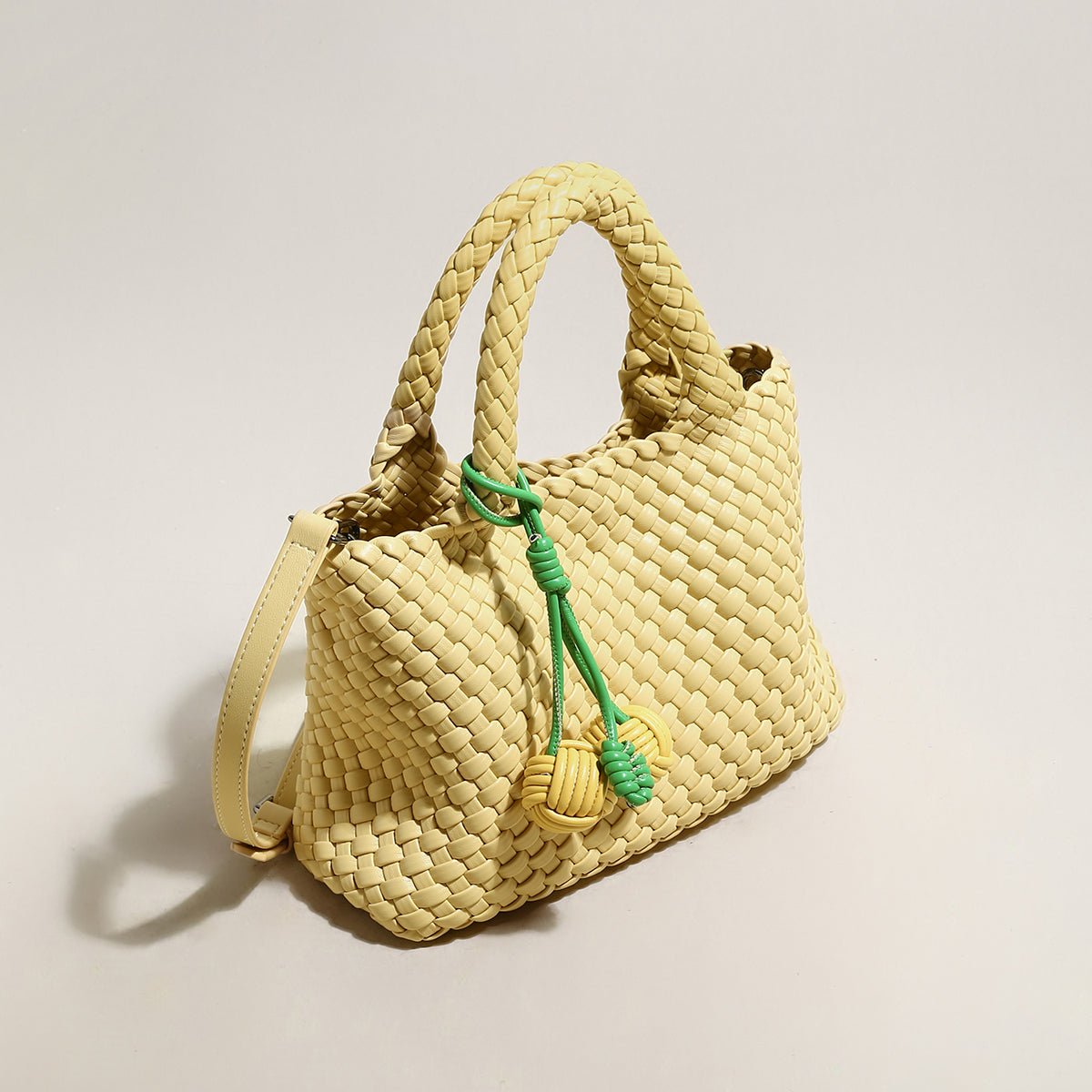 Happy Mini Woven Leather Top Handle Bag – Artisan Handwoven Structured Mini Tote with Knotted Charm