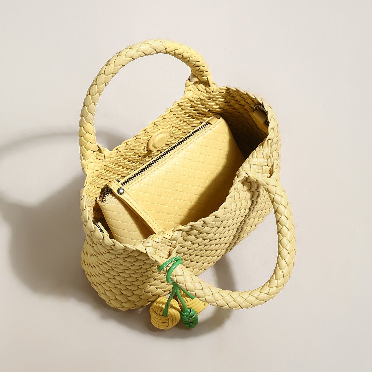 Happy Mini Woven Leather Top Handle Bag – Artisan Handwoven Structured Mini Tote with Knotted Charm