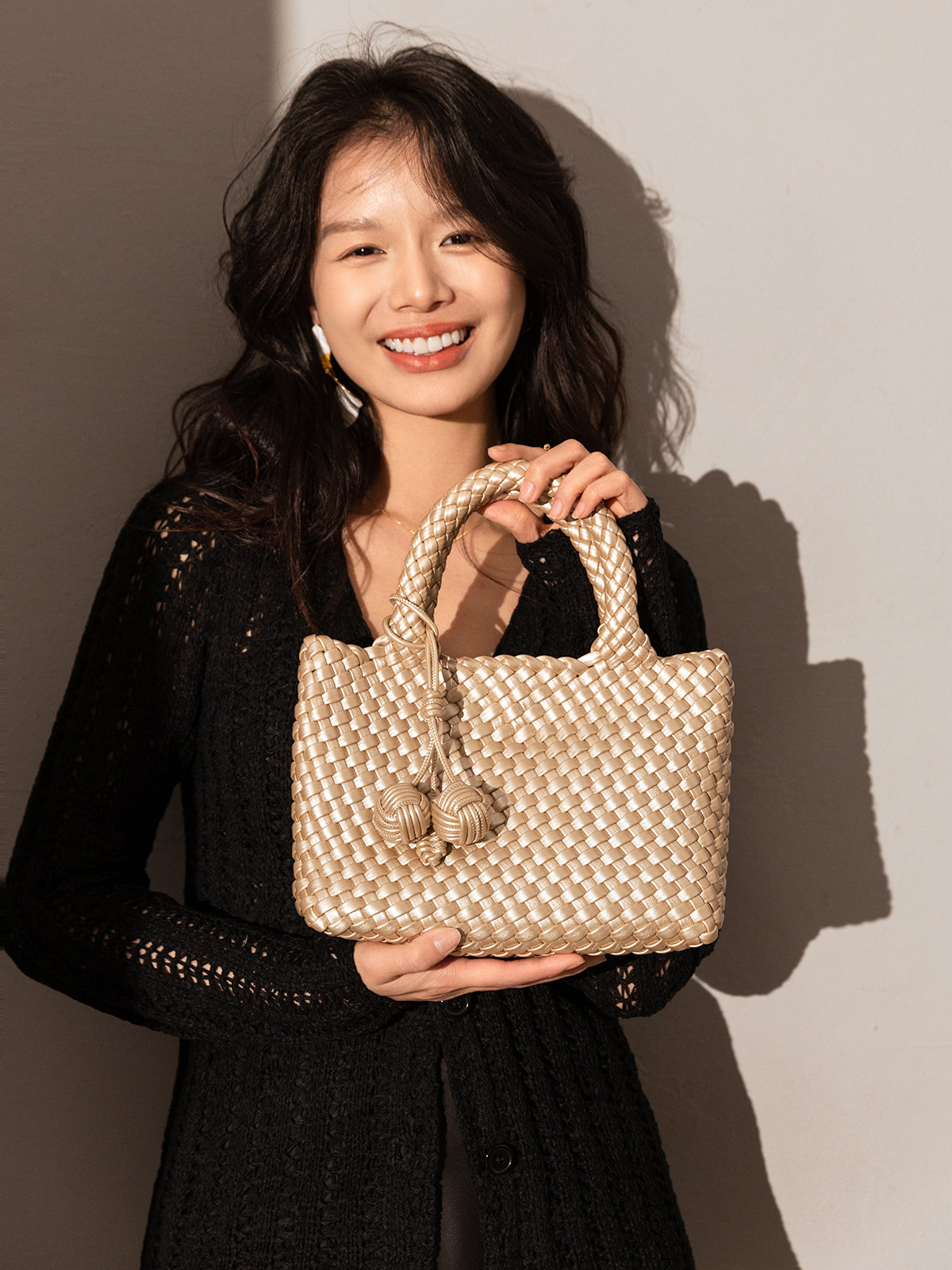 happy mini woven leather top handle bag champagne 2