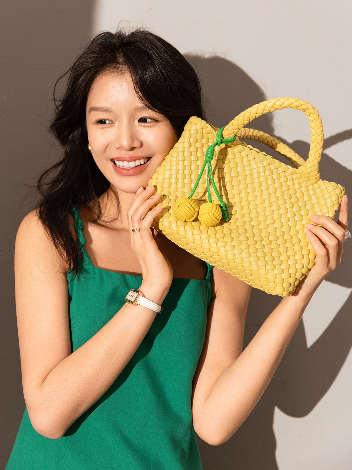 happy mini woven leather top handle bag yellow 4