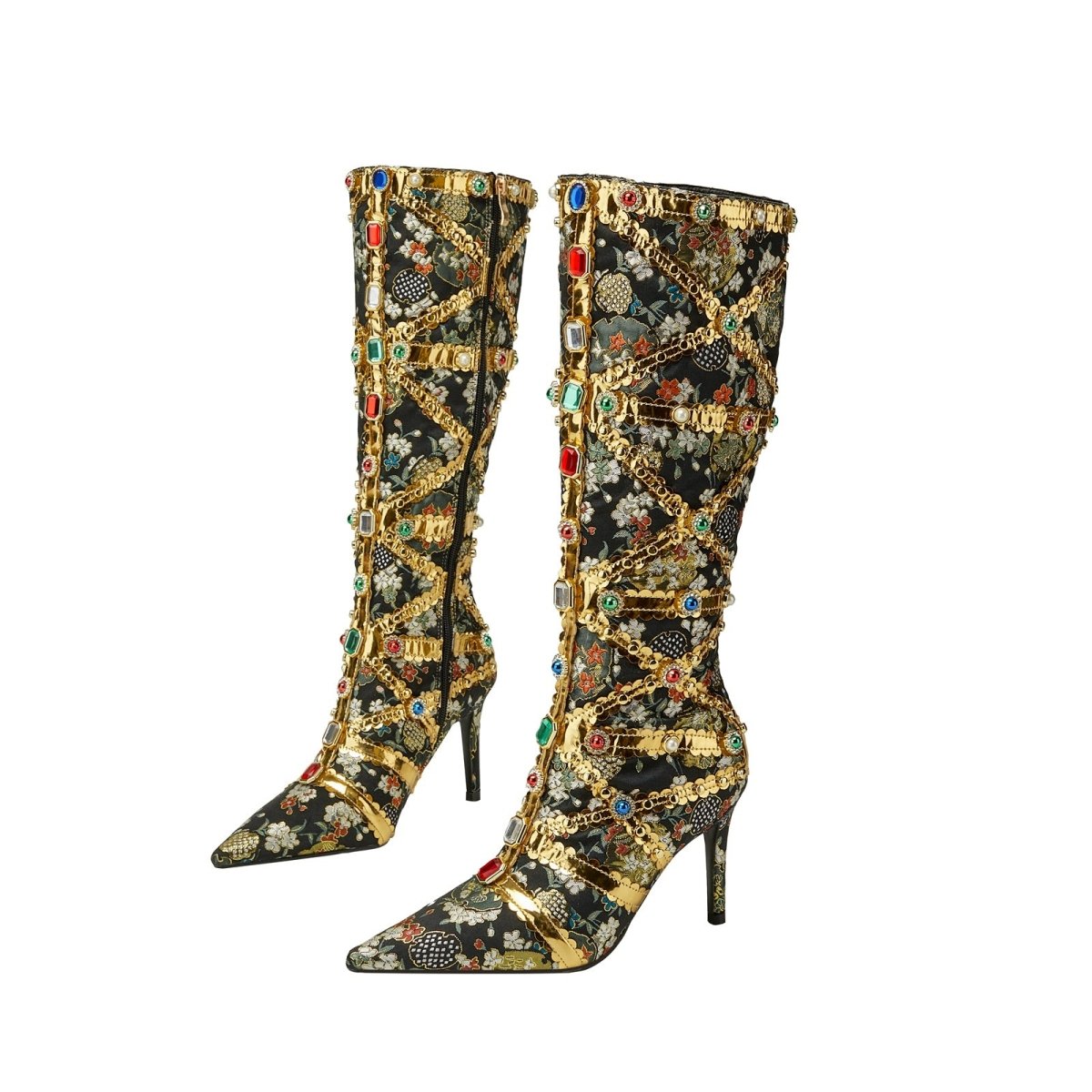Haute Couture Golden and Crystal Encrusted Knee High Boots - 0cm