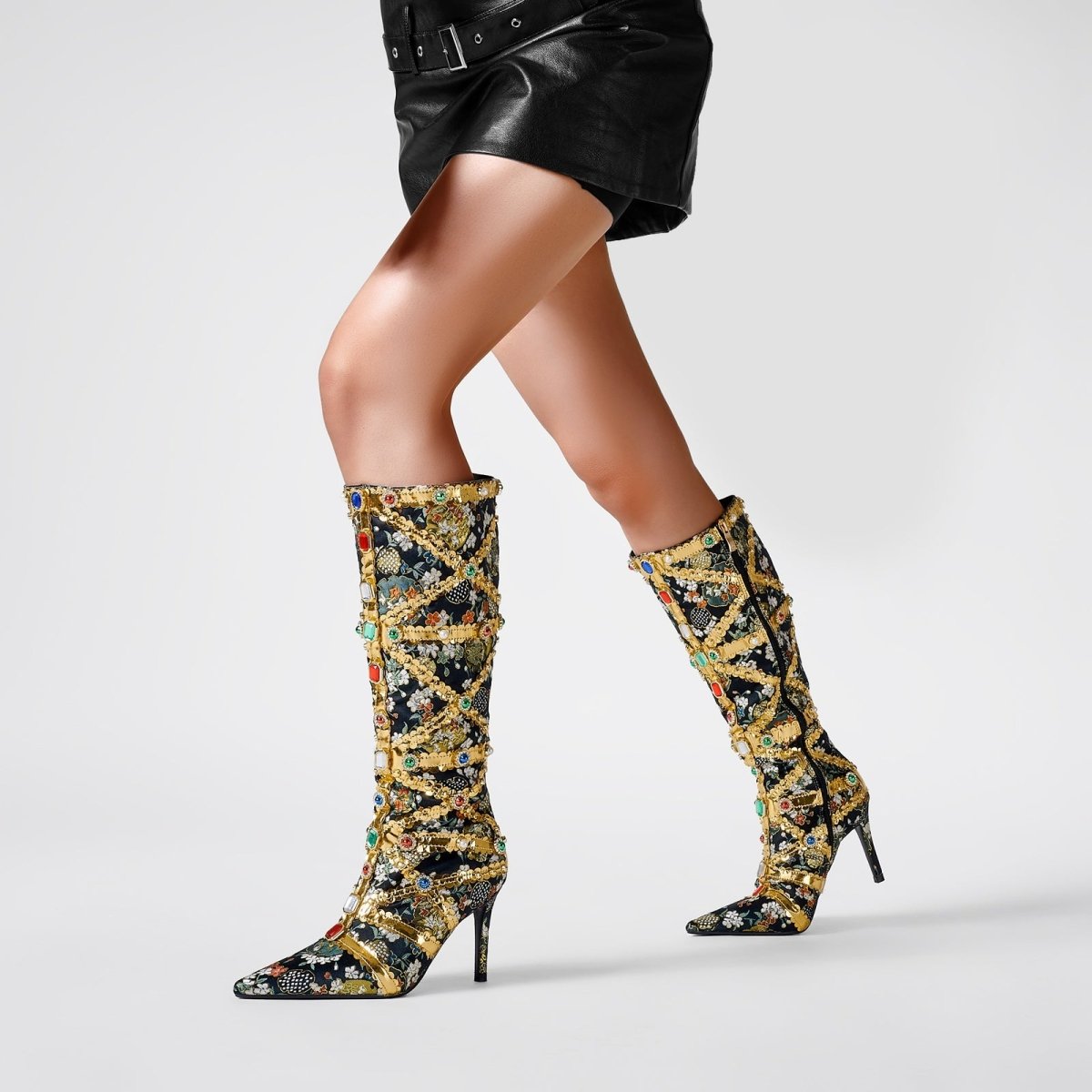 Haute Couture Golden and Crystal Encrusted Knee High Boots - 0cm