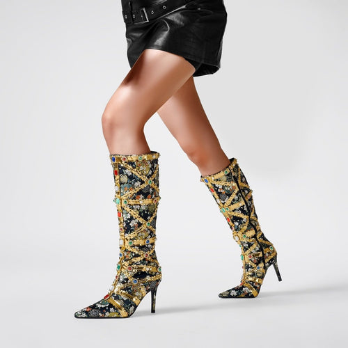Haute Couture Golden and Crystal Encrusted Knee High Boots - 0cm