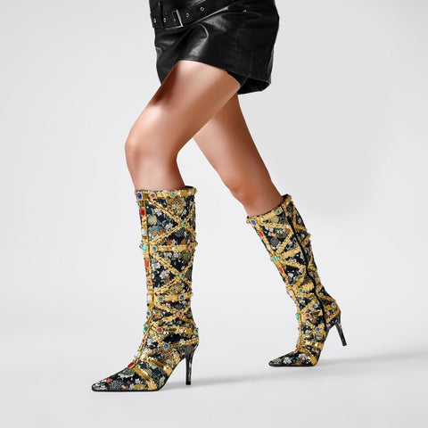 Haute Couture Golden and Crystal Encrusted Knee High Boots