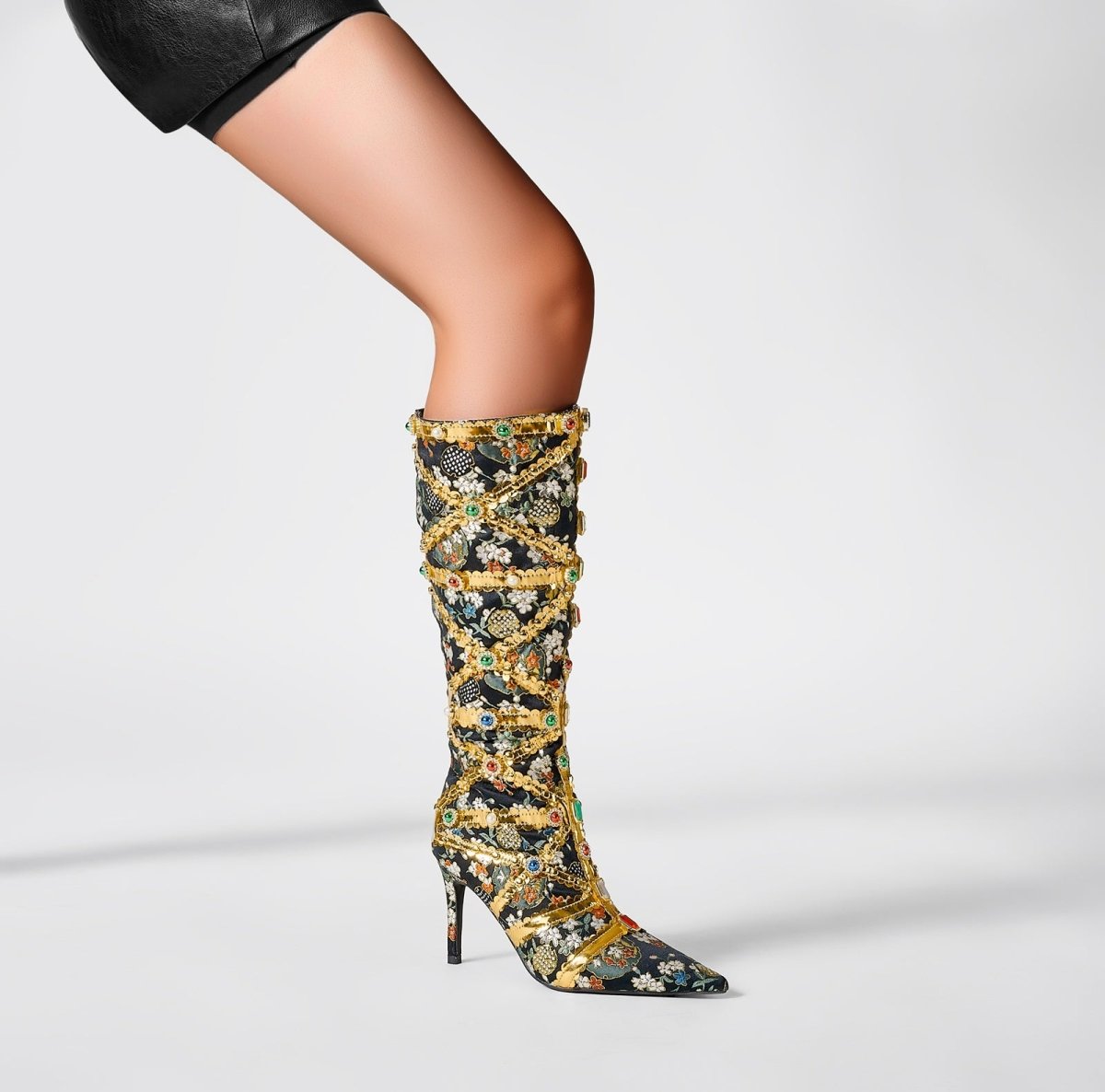 Haute Couture Golden and Crystal Encrusted Knee High Boots - 0cm