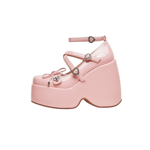 Sweetheart Patent Mary Jane Platform Wedges with Heart Buckles