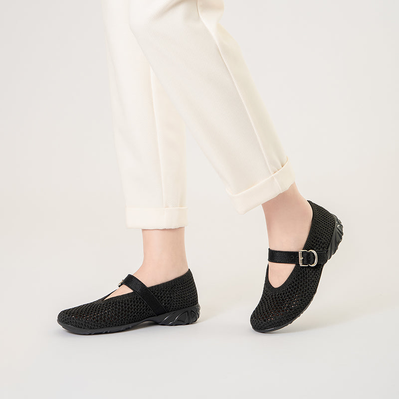 Heart Cutout Breathable Mesh Mary Jane Wedges – Pointed Toe Knit Work Shoes
