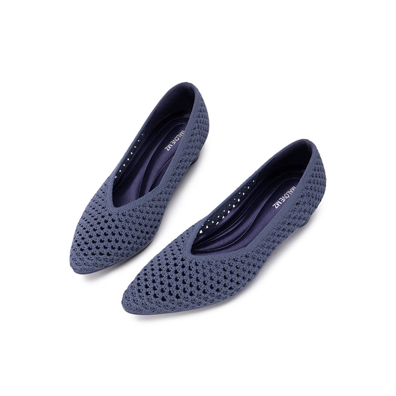 Heart Mesh Knit Pointed Toe Wedge Pumps – Breathable V-Cut Office Heels