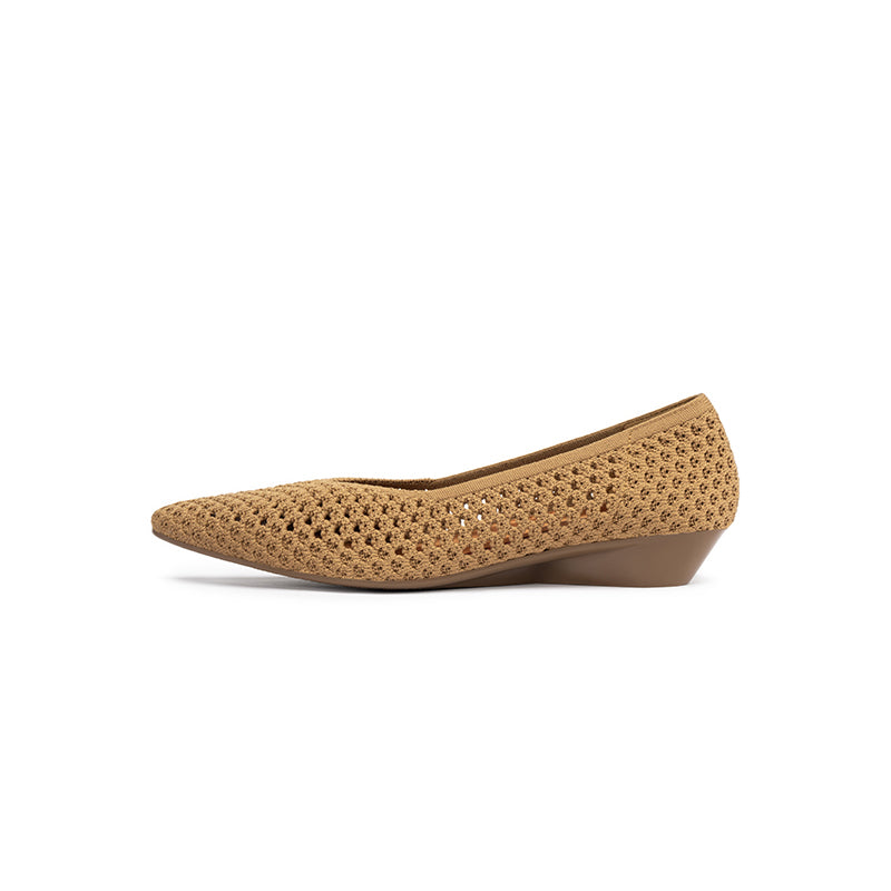 Heart Mesh Knit Pointed Toe Wedge Pumps – Breathable V-Cut Office Heels