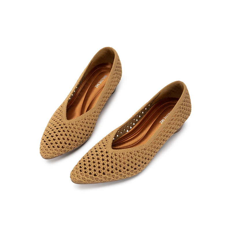 Heart Mesh Knit Pointed Toe Wedge Pumps – Breathable V-Cut Office Heels