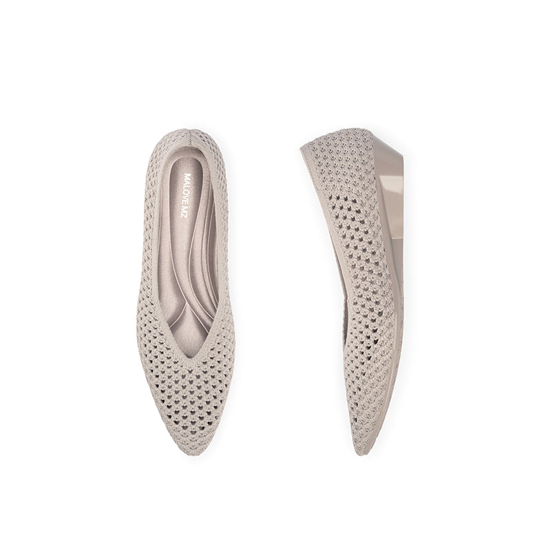 Heart Mesh Knit Pointed Toe Wedge Pumps – Breathable V-Cut Office Heels