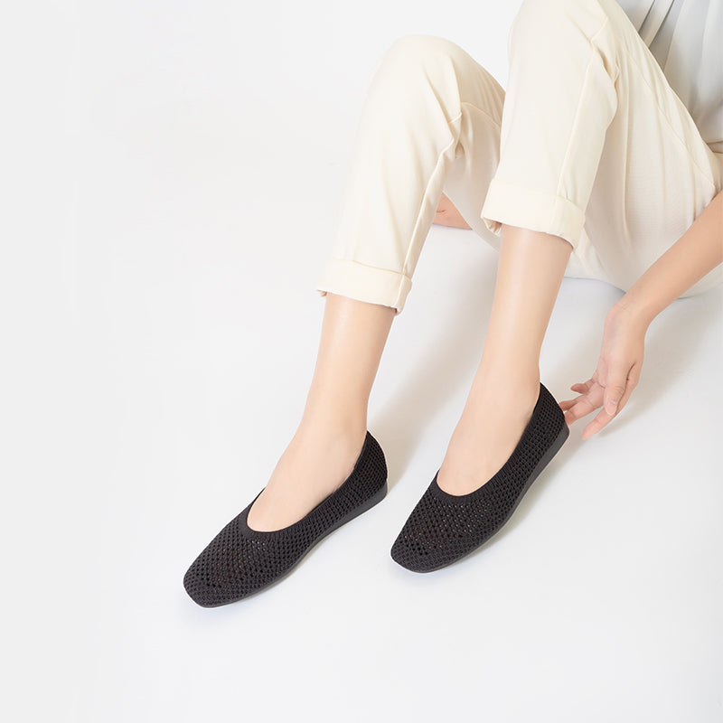 Heart Mesh Knit Square Toe Wedge Flats – Washable Breathable Work Shoes