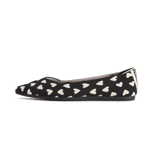 heart print pointed toe comfortable flats all black 1